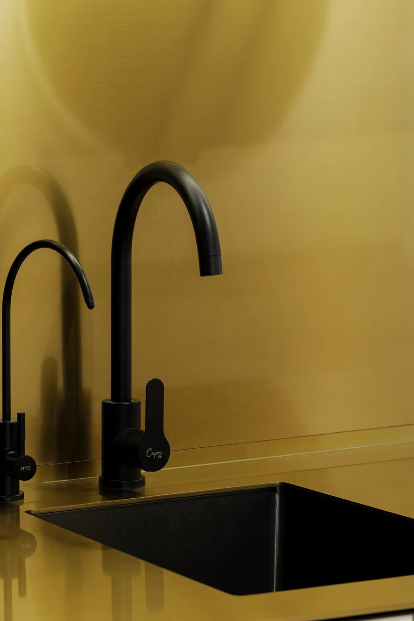 Black tap silhouettes against brass create a compact, rich kitchen detail.
